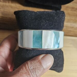 Vintage Teal and White Mother of Pearl Bangle Bracelet